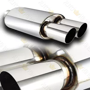 UNIVERSAL 3" DUAL SLANT TIP 2.5" INLET STAINLESS EXHAUST RESONATOR MUFFLER - Picture 1 of 5