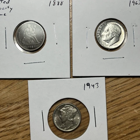 Old dime lot: 1888 Seated Liberty, 1943 Mercury and 1963D Roosevelt Cover