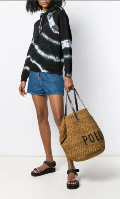 POLO RALPH LAUREN Woven Raffia Bucket LOGO Tote Bag Beach Gold Black NWT  LG - Image 1 of 4