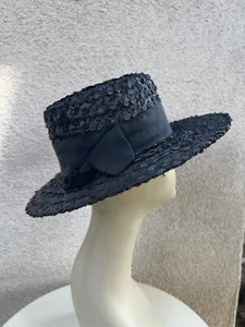 Vtg Hat Eva Mae Modes Black Brim Cello Straw Ribbon 21.5” - Picture 1 of 12