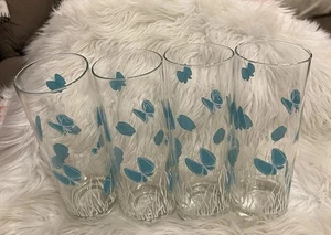 Georges Briard MCM Turquoise Butterfly Highball Tumbler Glasses 7” Set Of 4 - Picture 1 of 7