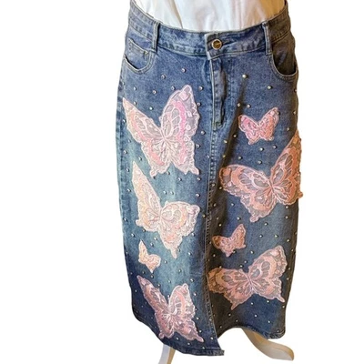 Maxi Falda Denim Y2K POLO Embellecida Mariposa Estrás Lavado Piedra Claro Talla M Foto 1 de 4