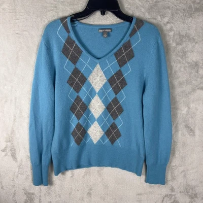 Apt. 9 Sweater Womens XL Blue 100% Cashmere V Neck Argyle Pullover Soft Knit - Image 1 of 4