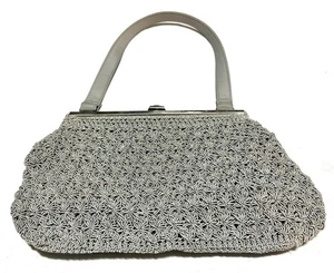 Kathy Ireland Small Clamshell Purse Handbag Woven Crotchet Formal Gray Silver  - Picture 1 of 10
