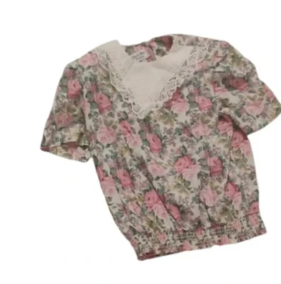 Vintage 1980s Floral Lace Collared Cottagecore Short Sleeve Top Medium Petite - Image 1 of 4