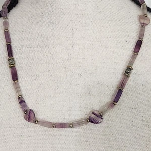 vintage cylinder amethyst and heart stone necklace with 925 SS round flat clasp  - Picture 1 of 10