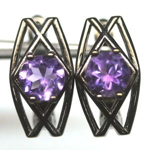925 Sterling Silver 6 mm. Purple Amethyst Earrings Black Gold Coated - Bild 1 von 4