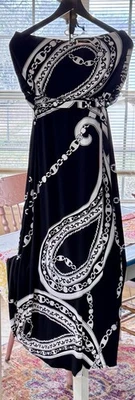 WHBM Strapless Maxi Dress L Black White Chain Print Ring Detail Chic Resort - Image 1 of 4