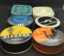 VINTAGE LOT OF 6 TYPEWRITER RIBBON TINS, Viking, Standard Ribbon,Diamond,Guild