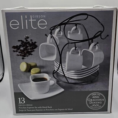 Gibson Elite Porcelain Espresso Set 13pc W/ Metal Stand 6x 3.5oz Cups 6x Saucers - Image 1 of 2