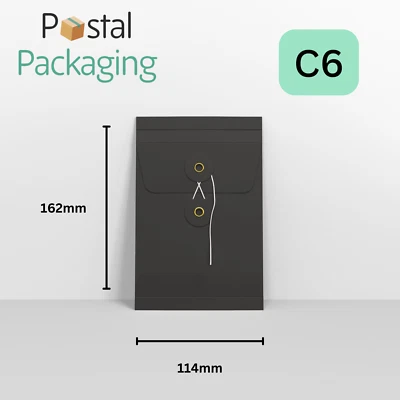 C6 A6 (162x114mm) Black String & Washer Envelopes Button Tie CHEAP FAST DELIVERY - Image 1 of 4