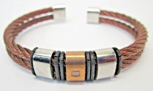 K-PENKO CHOCOLATE BROWN STAINLESS STEEL CABLE CUBIC ZIRCONIA CUFF BRACELET - Picture 1 of 9