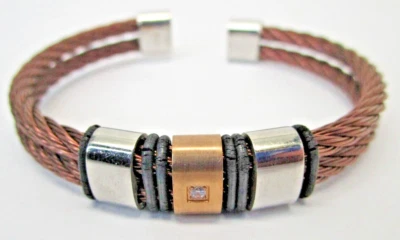 K-Penko Chocolate Brown Stainless Steel Cable  and Cubic Zirconia Cuff Bracelet - Image 1 of 4