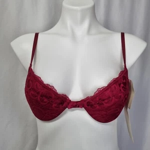 VTG New Sears Divine Bra Red Maroon Padded Adjustable Lace Satin Nylon NWT 36 B - Picture 1 of 7