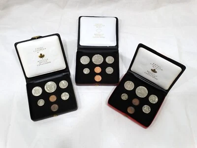 3 CANADA SPECIMEN 7 COIN PROOF LIKE MINT SETS 1971 1972 1980 Leather Holder - Image 1 of 4