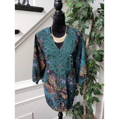 Denim 24/7 Tunic Top Womens 20W Green Paisley Lace Trim 3/4 Sleeve Button Front - Image 1 of 4