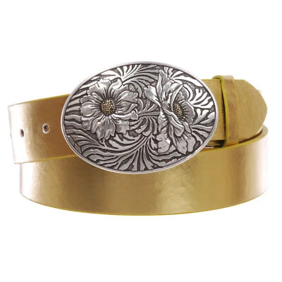 Hebilla de grabado de girasol ovalada a presión de 1 1/2" con cinturón de cuero Foto 1 de 4