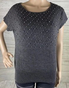 Vintage 90s Knit Top Juniors XL Dark Gray Beaded Short Sleeve Casual Sweater - Picture 1 of 12