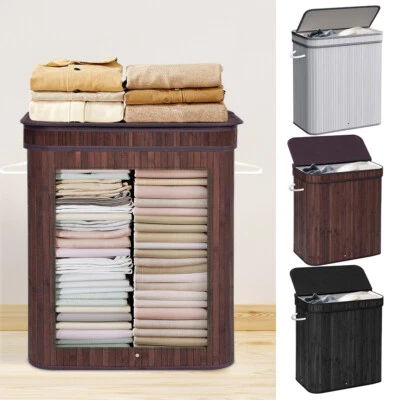 Laundry Hamper with Lid 72L Folding Bamboo Laundry Basket with Removable Liner - Image 1 of 4