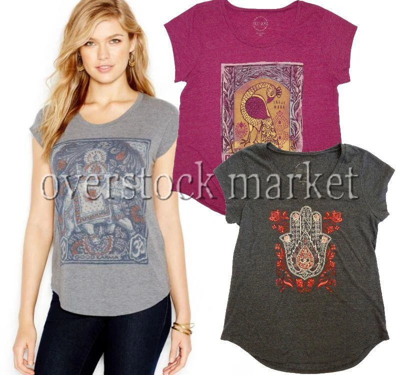 NEW WOMEN'S LUCKY BRAND CAP SLEEVE GRAPHIC TEE T-SHIRT SLIGHT HI-LOW HEM VARIETY - Image 1 of 1
