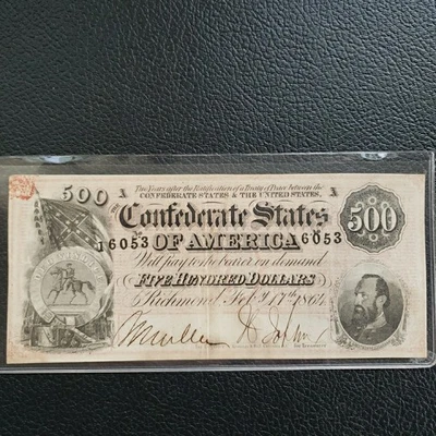 Amazing Crisp HIGH GRADE 2-17-1864 $500 Confederate CSA Note #16053 - Image 1 of 4