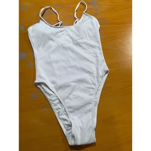 NEW High Cut White Ribbed One Piece Swimsuit Bathing Suit S Minimalist Cheeky - Picture 1 of 8