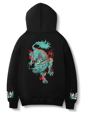 Niepce Streetwear Japanese Embroidered Blue Lion Graphic Black Hoodie Sweatshirt - Image 1 of 4