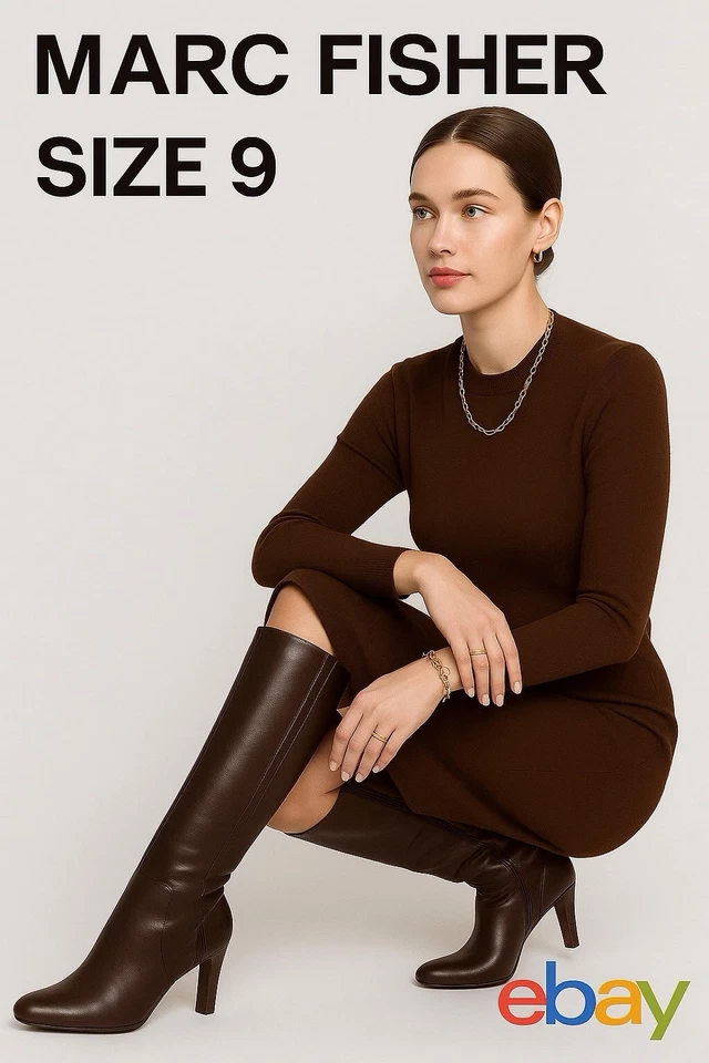 Marc Fisher Women Knee High Brown Boots Leather Side Zip Up High Heel Business - Image 1 of 4