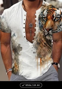Men’s Tiger Print Short Sleeve 7 Button Shirt Size 44 2XL - Picture 1 of 3