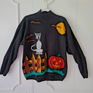 VTG Jason Maxwell Halloween Cat Sweater Womens M Chunky Knit Bats Moon Pumpkin - Picture 1 of 17