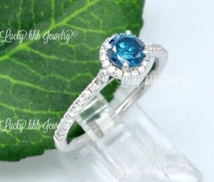 0.68 ct 14k Solid White Gold Ladies Natural Blue Diamond & Diamond Ring Halo - Picture 1 of 5