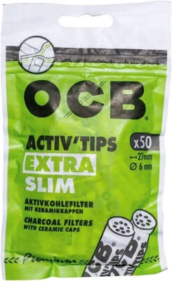 OCB ACTIV'TIPS EXTRA SLIM, 6 MM CARBON FILTERS  CERAMIC CAPS/ single pack x 50 - Image 1 of 3