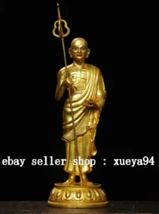 11"Old Chinese Buddhism Bronze Gilt Arhat Damo Bodhidharma Dharma Buddha Statue - Picture 1 of 9