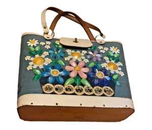 Vintage Enid Collins Bag Flower Basket Purse/Handbag Jeweled Wood Bottom 1960’s - Picture 1 of 16