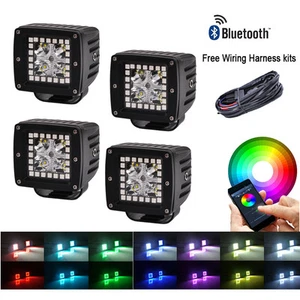 4x Led Work Light 3” Cube Pods Fog Spot RGB Halo Color Changing Music Flash Kit - Picture 1 of 11