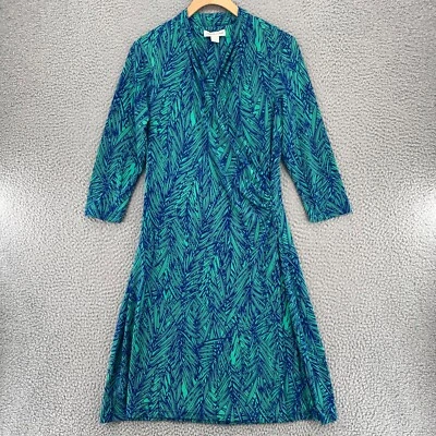 Coldwater Creek Dress Womens 8 Green Travel Knit Faux Wrap Ruched 3/4 Sleeves - Image 1 of 4
