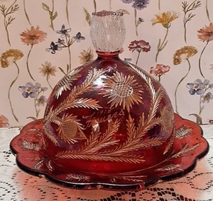 EAPG Sunflower Patch Glass antique Butter Dome Cheese Covered Dish FRANCES 1915 - Picture 1 of 14
