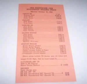 FORD 1959  Dealer Price Guide Fairlane Galaxie Skyliner - Picture 1 of 2