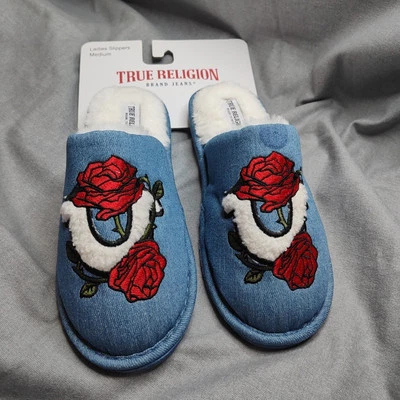 Zapatillas de mezclilla True Religion con bordado de rosa roja acogedores zapatos de interior 6,5/7,5 Foto 1 de 4