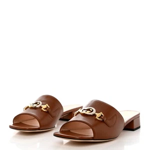GUCCI Zumi Malaga Papaya Brown Leather Gold Silver Horsebit GG Slide Sandal 38.5 - Picture 1 of 7