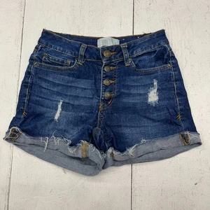 Mudd Dark Wash Blue FLX Stretch Button Front Cut-Off Jean Shorts Women's Size 0 - Picture 1 of 5