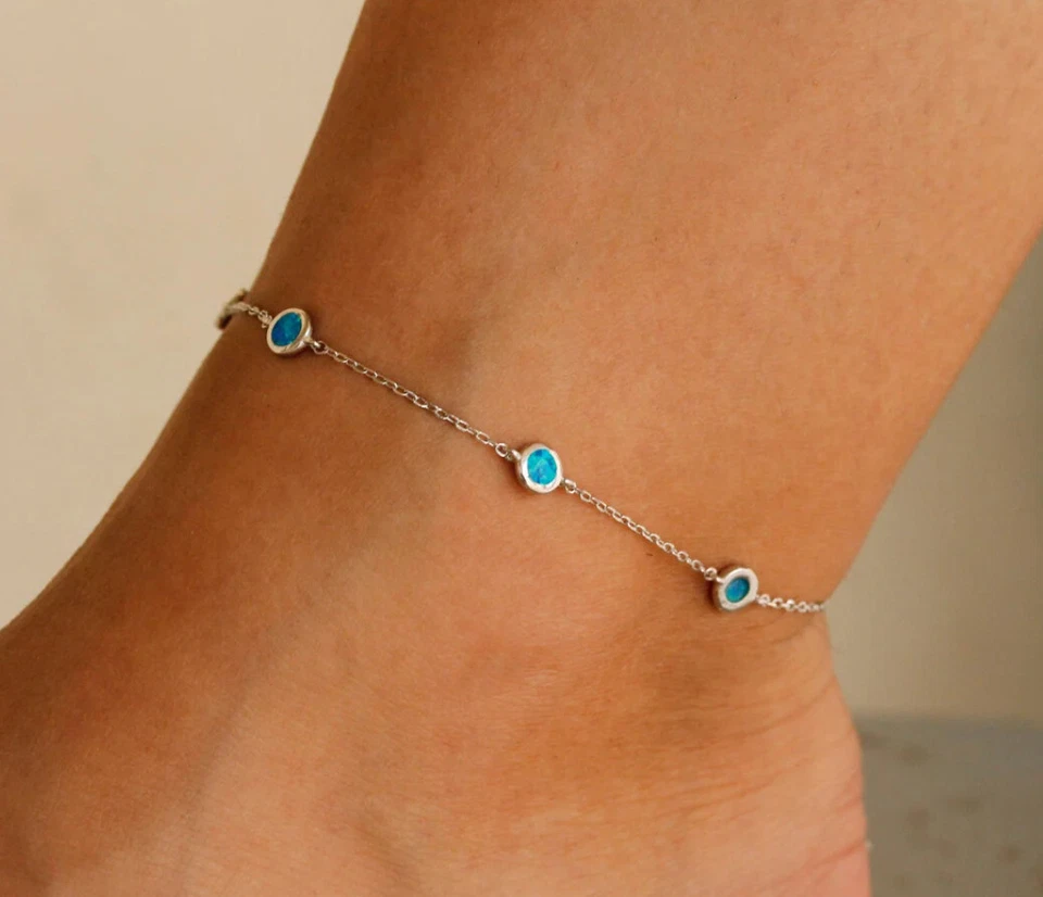 Anklet 1.30Ct Created Blue Opal Charm Women's Wedding Gift 14K White Gold Finish - Image 1 of 4
