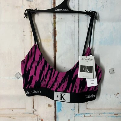 CALVIN KLEIN CK 1996 Unlined Bralette Pink Black Stripe Size S QF7216-670 NWT - Image 1 of 4