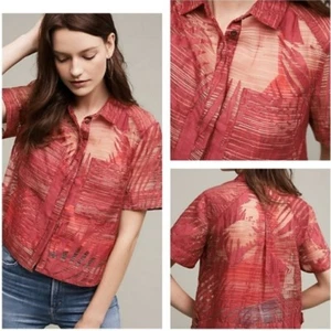Anthropologie Maeve Red Sheer Textured Crop Short Sleeve Button Up Blouse Sz 6 - Picture 1 of 7