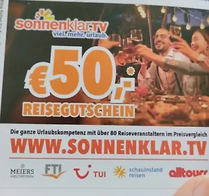 Kein MBW ✅, 50 Euro Gutschein Code Sonnenklar TV Pauschalflugreisen Kreuzfahrten - Bild 1 von 1