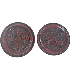 Wooden Wall Plates Floral Carved Decorative Plaque Mahogany Brown Vintage x2 - Picture 1 of 11