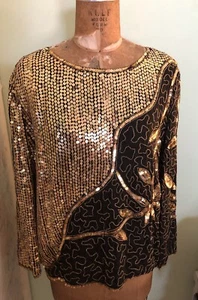 VINTAGE NEU MIT ETIKETT JEANS FÜR JOSEPH LE BON SEIDE PERLEN PAILLETTEN TOP SCHWARZ/GOLD GRÖSSE L - Bild 1 von 11