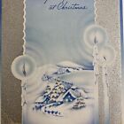 Vintage Mid Century Christmas Greeting Card Silver Foil Blue Trees Houses Candle