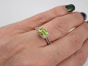 Emerald Cut Natural Peridot 14K Yellow Gold Plated Silver Vintage Wedding Ring - Picture 1 of 8