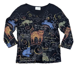 Y2K Cactus Bay 3/4 Ärmel Glitzer Kätzchen Katzen Top klein schwarz kunstvoll Strass - Bild 1 von 3